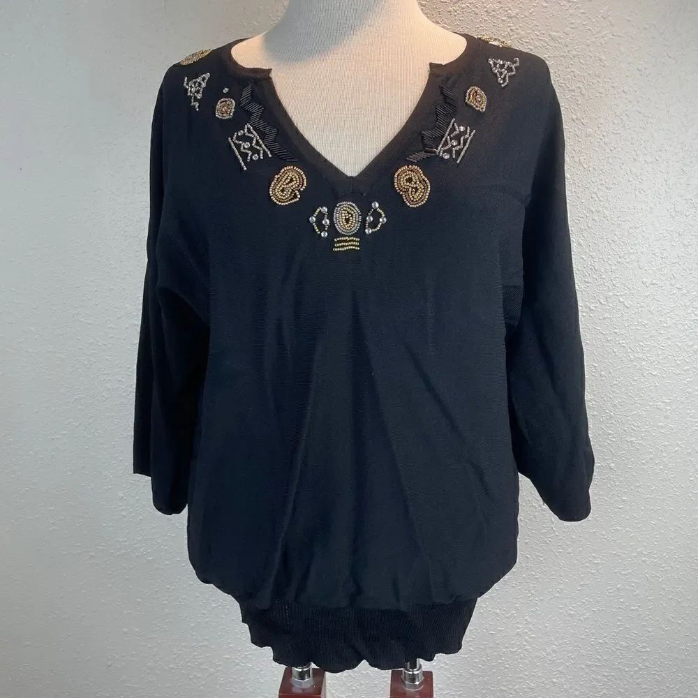 Multiples Black 3/4 Sleeve Beaded Blouse Top EUC